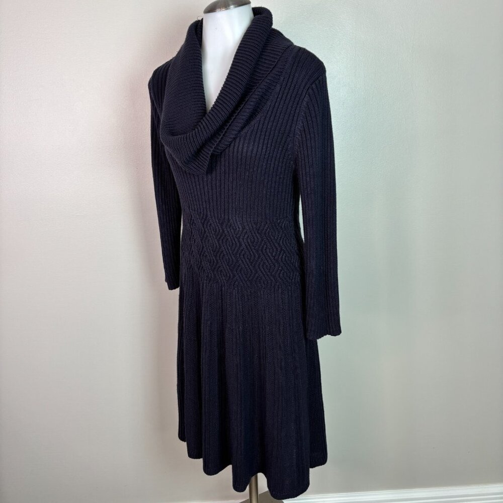 Eliza J Sweater Dress Large Navy Blue Cowl Neck Long Sleeve Fit & Flare‎ Women's - Picture 3 of 11